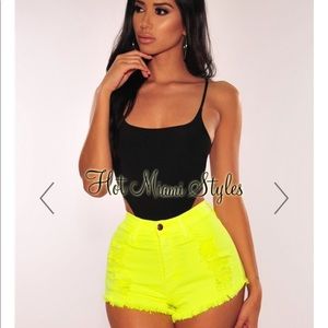 Neon yellow denim high waist shorts